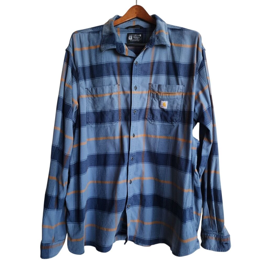 Carhartt Flannel Shirt Mens 3XL Tall Blue Plaid Long Sleeve Relaxed Fit TW5945-M